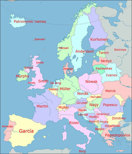 12 карти на света, какъвто не сте го виждали - Най-често срещаните фамилни имена в Европа
