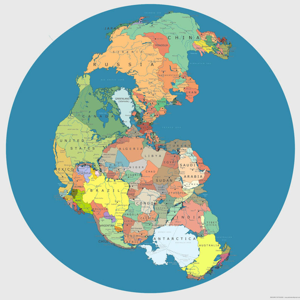 12 карти на света, какъвто не сте го виждали - Карта на Пангея с днешните държавни граници