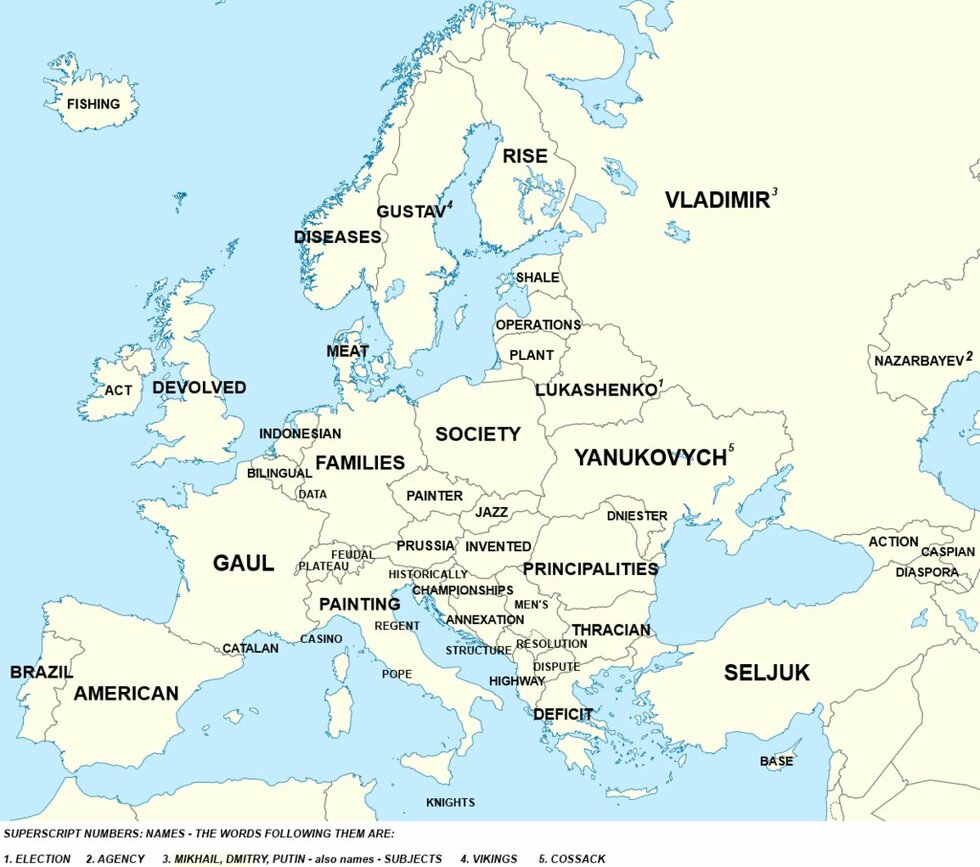 6 забавни, но безполезни карти на света - Най-често срещана дума в страницата в Wikipedia на всяка държава