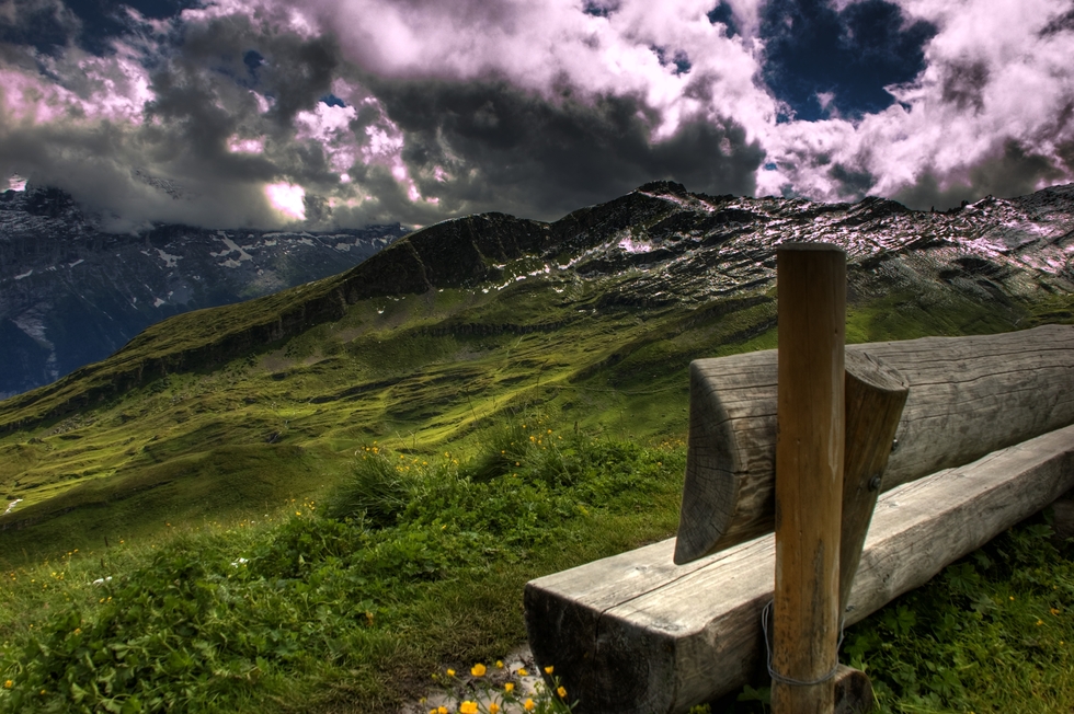 Ако ще е пейка – да е с гледка - Пейка на алпийска полянка в Швейцария